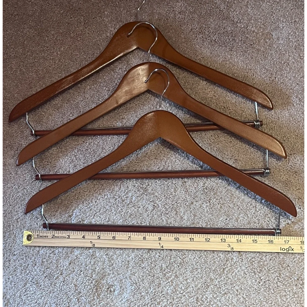 Lot Of 3 Wooden Suit Hangers Coat & Pants Dark Natural Wood 18”